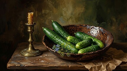 Oil painting style still life with fresh cucumbers and a candle © Ruslan Abdullin