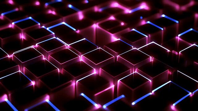 Abstract background featuring glowing pink and blue neon light cubes in a dark digital space.