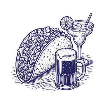 A delicious taco paired with a refreshing margarita cocktail in a glass, featuring detailed line wallpaper background, isolated on a, white background, mexican, restaurant menus and food-themed