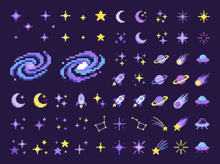 Pixel art space elements collection with stars, planets, rockets, and galaxies. © Mobil