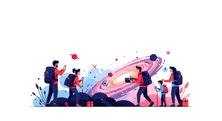Obraz premium People exploring a colorful galaxy with backpacks and hiking poles.