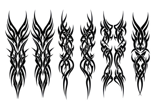 Set of six tribal tattoo designs in black ink.