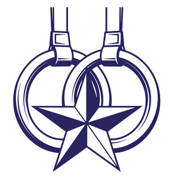 A monochromatic of two gymnastic rings hanging from straps with a large five-pointed star positioned in the center, wallpaper background, isolated on a, white background for, athletic sports branding