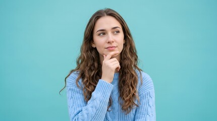 Obraz premium Thoughtful young woman in blue sweater on turquoise background
