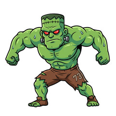 Fototapeta premium Frankenstein Monster Roaring: A menacing Frankenstein monster, depicted with a muscular green physique, ripped shorts, and glowing red eyes, stands in a power pose.