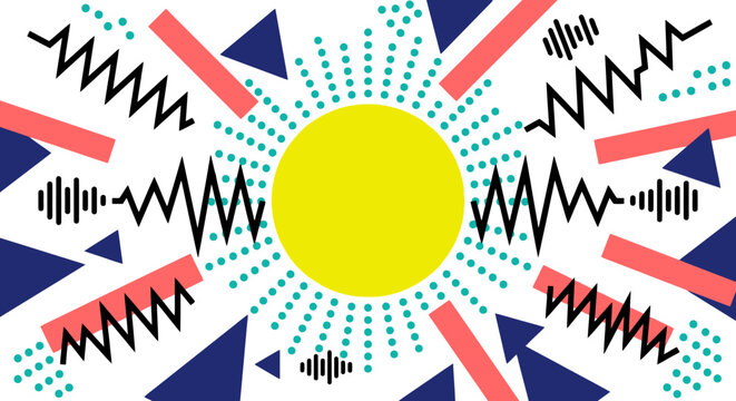 Abstract Memphis style pattern with sound wave and geometric shapes