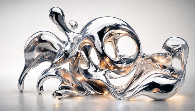 Abstract sculpture of liquid chrome metal with fluid organic shapes and smooth reflective surfaces on a neutral white background