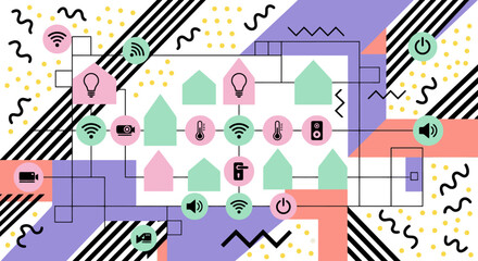 Obraz premium Smart home technology network diagram with icons and geometric shapes