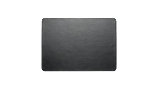 A rectangular black leather desk mat or mouse pad with a smooth surface and rounded corners, isolated on a clean white background, for office use