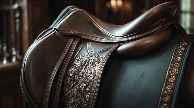 Elegant brown leather horse saddle with ornate decorative carvings.