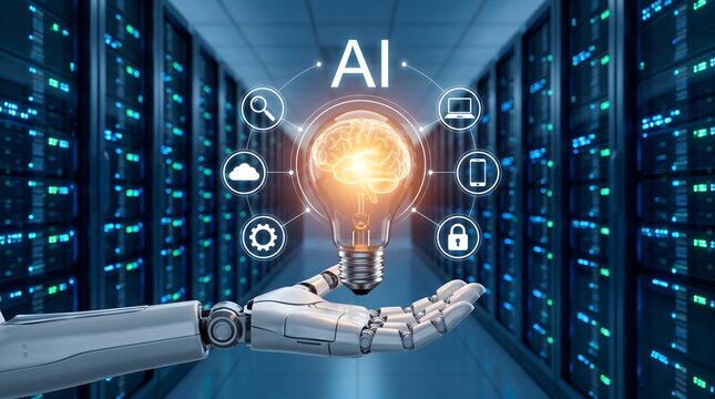 AI technology and machine learning concept showing robotic hand with glowing brain lightbulb