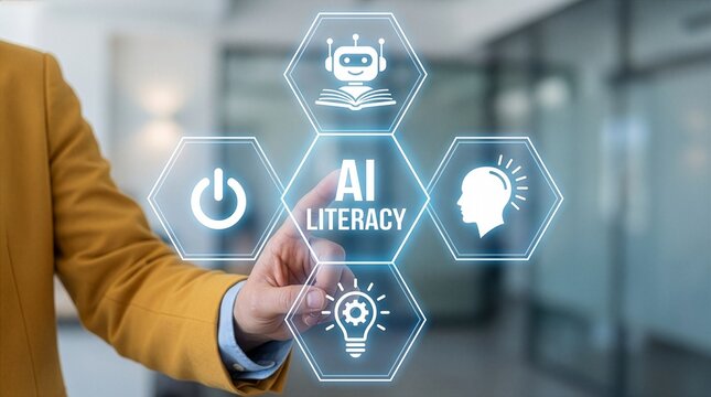 Ai literacy concept. Digital knowledge, artificial intelligence literacy understanding and education awareness. New