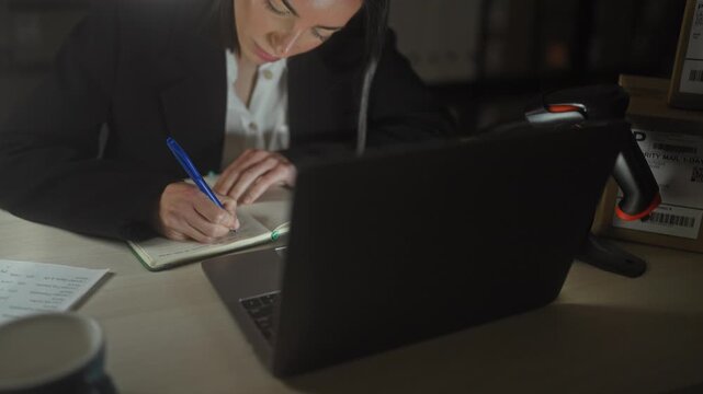 Woman writing in a notebook with laptop and barcode scanner on a desk in an office building at night; concentration diligence.