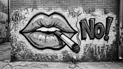 Black and white graffiti of lips with a cigarette and the word No on a textured brick wall