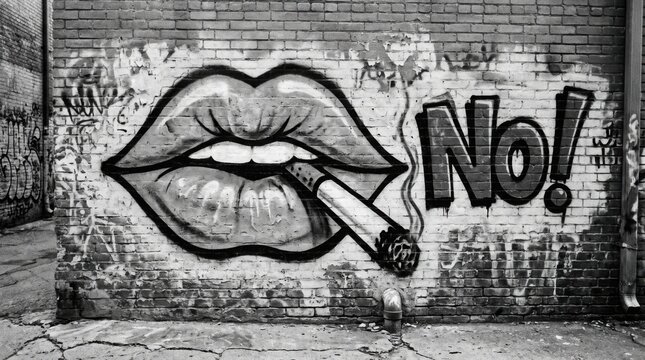 Black and white graffiti of lips with a cigarette and the word No on a textured brick wall