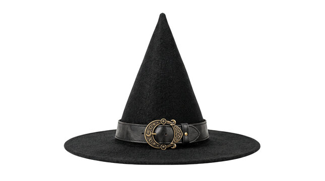 Classic black witch hat with ornate buckle, traditional felt pointed hat for Halloween costume, magical wizard headwear for cosplay and fantasy events isolated PNG with Transparent Background