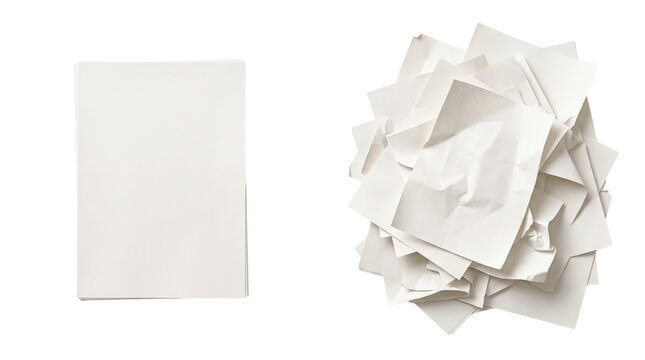 Blank white paper sheet and crumpled paper pile, clean office stationery mockup, textured waste paper heap for recycling and business concepts isolated PNG with Transparent Background