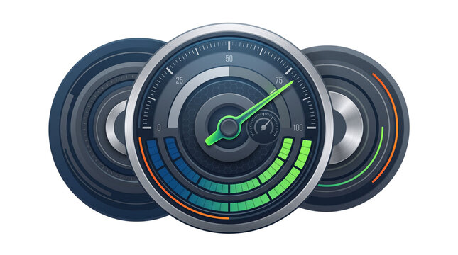 Futuristic digital speedometer interface, high performance dashboard gauges, modern automotive speed measurement dials with green and blue indicators isolated PNG with Transparent Background