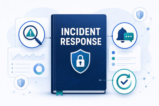 Digital illustration of an incident response book with security alerts, shield icons, notifications, and checklist elements on a clean blue background.