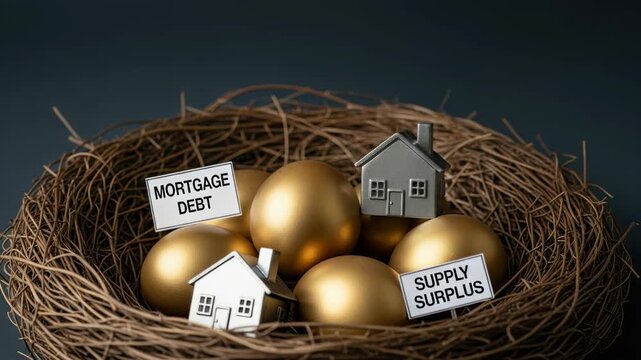 Housing market bubble concept featuring golden eggs in nest with miniature house models symbolizing mortgage debt and supply surplus signs