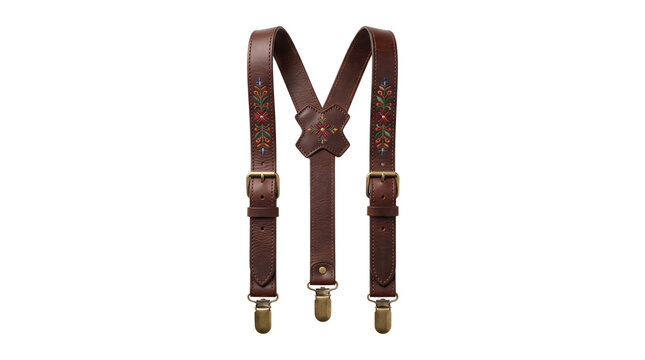 Vintage brown leather suspenders with floral embroidery, rustic mens braces with brass clips, traditional folk style leather apparel accessories isolated PNG with Transparent Background
