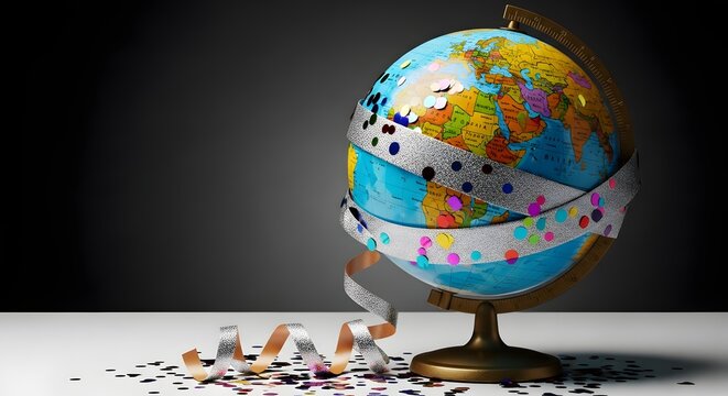 World globe with golden party ribbons.