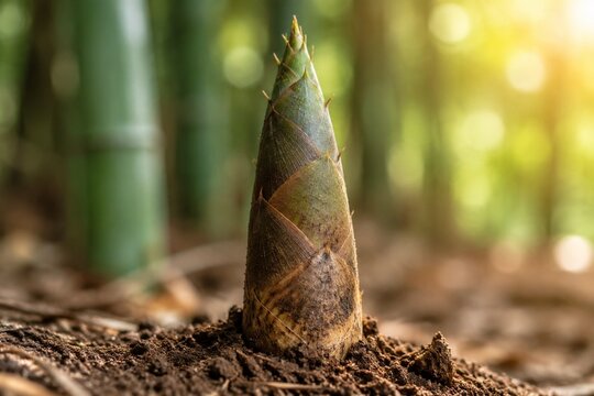 Bamboo shoot breaking through soil, morning light, close-up.