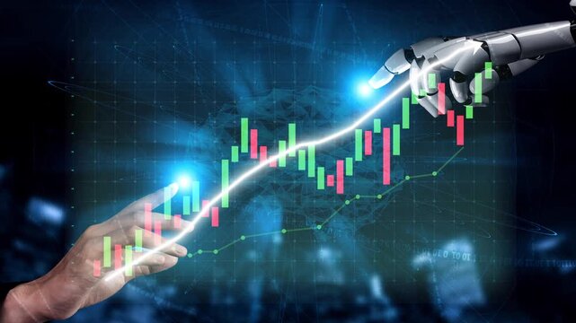 This image represents an innovative blend of human and robotic interaction within the finance sector, showcasing market growth through a digital financial chart. Copula