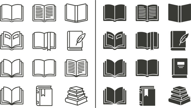 Book icons set with open pages and stacks in thin line and solid glyph vector style.