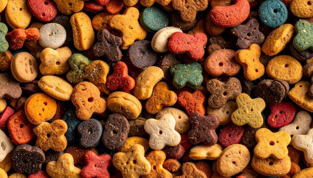 A vibrant and colorful collection of dry pet food kibbles, showcasing a diverse assortment of shapes like bones and stars, essential for healthy animal nutrition