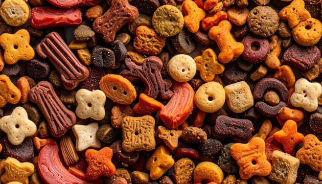 A close-up, top-down view of a variety of dry dog food kibble shapes and colors, including bone, star, and biscuit forms, offering a healthy meal