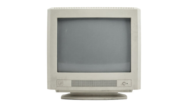 An old beige cathode ray tube computer monitor with a grey screen, isolated on a white background, representing vintage nineties technology