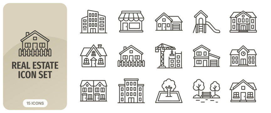 Real estate icon set, thin line vector symbols for property, housing, building, construction, architecture, residential and commercial real estate