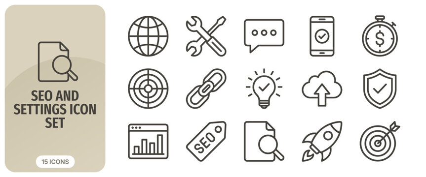 Seo and settings icon set, thin line style, web development, digital marketing, search engine optimization, business analytics, website tools, vector illustration
