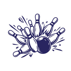 Fototapeta premium A dynamic bowling strike showing a ball hitting pins, causing them to fly in various directions with scattered debris, rendered in a blue line style on a clean wallpaper background, white background