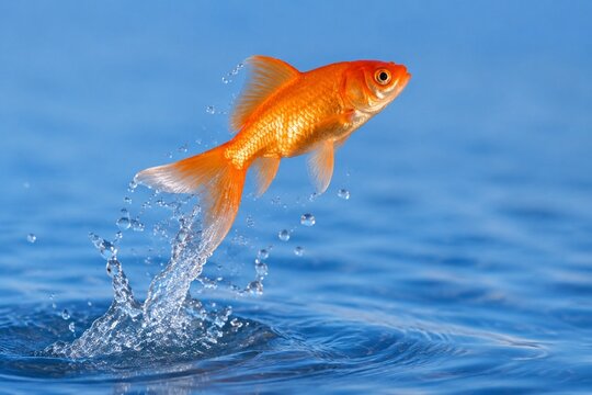A goldfish leaping out of the water in a dynamic splash against a simple blue backdrop.