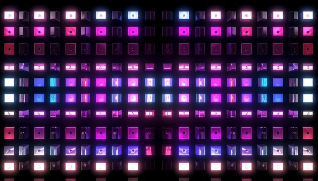 Abstract high tech digital pattern matrix hallway showing multiple structural rows of glowing neon purple and pink square grid block lights in the dark