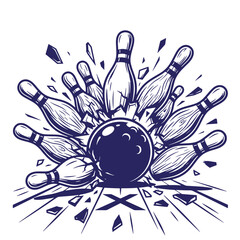Naklejka premium A powerful bowling strike showing a heavy ball hitting pins, causing them to shatter and fly apart with debris on a wooden lane, rendered in a detailed blue ink style on wallpaper background white