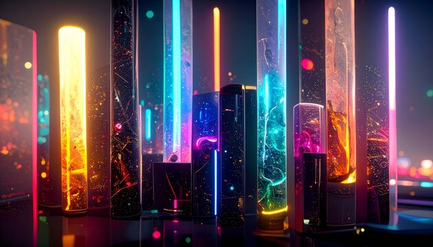 Abstract dark electronic stage interior layout featuring multiple rows of vertical hanging glowing neon light columns