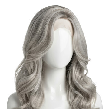 Voluminous platinum blonde wavy wig with ash-blonde and icy-silver highlights on a sleek mannequin head, transparent studio background, professional hair editorial aesthetic