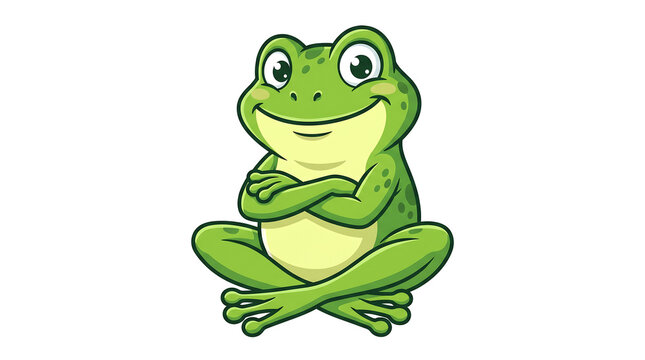 Cute cartoon green frog character sitting cross-legged with arms folded vector illustration