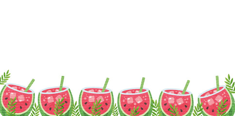 Horizontal bottom row of cute pink watermelon juice cups © foxndeer