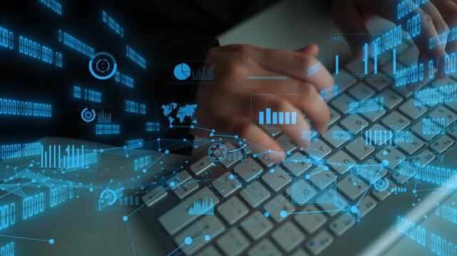 Close-up of hands typing on a keyboard with floating data visualization elements, representing advanced technology and modern information analysis in business. Xenic