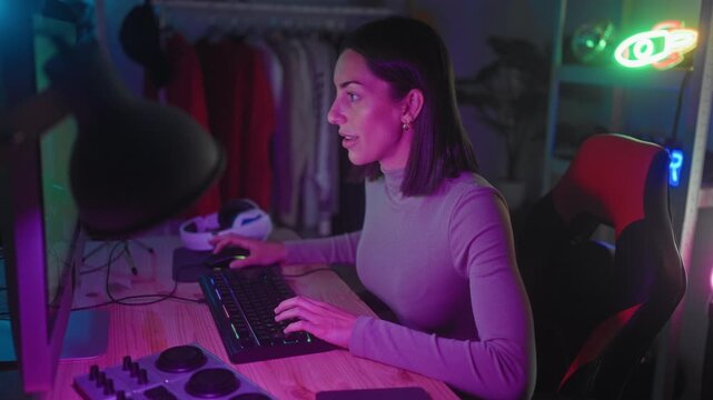 Woman raising fists over illuminated keyboard at computer desk in studio with neon sign and clothes rack visible; joy victory.