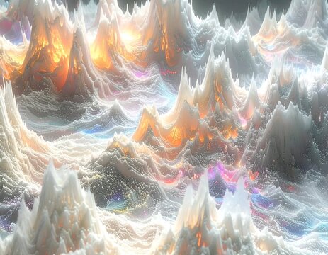 An abstract landscape of sharp white spiked mountain waves glowing under warm golden sunlight