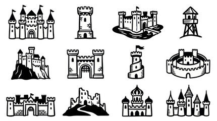 Collection of various medieval castle and fortress illustrations in a vintage style. © Rejeki