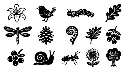 Collection of various nature elements in a simple black and white style. © Rejeki
