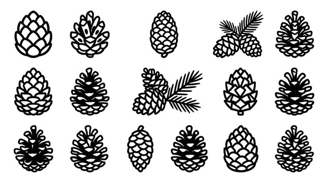 Collection of various pine cones and fir cones with needles in a black and white outline style.