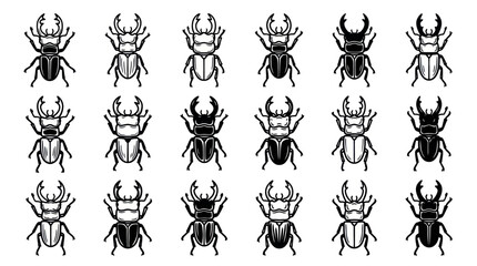 Fototapeta premium Collection of various stag beetle species in detailed black and white illustrations.