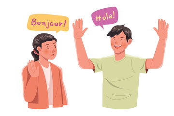 Woman and man waving hello with speech bubbles education learning © vectorclans